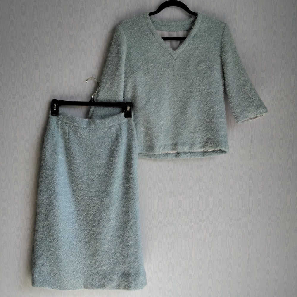 Vintage 1950s Skirt Set XS Handmade Fuzzy Light Blue Pastel Jackie O Chic